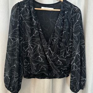 Astr Black Wrap Floral Blouse with White Line Print